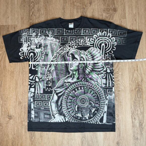 Yazbek Aztec Warrior Graphic T-Shirt Black White XXL Mexico All Over Print - Picture 4 of 5
